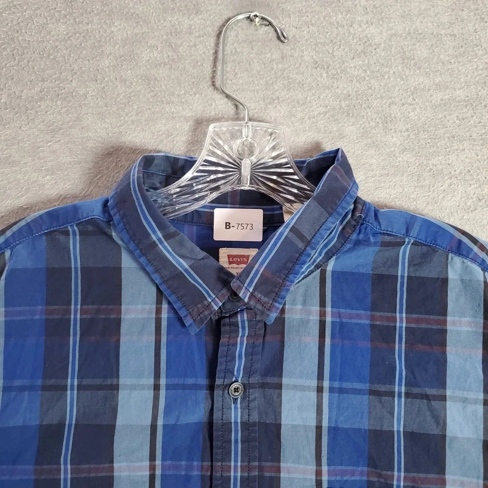 Levi's Men Button‎ Up Shirt XL Blue Plaid Long Sleeve Pocket Casual